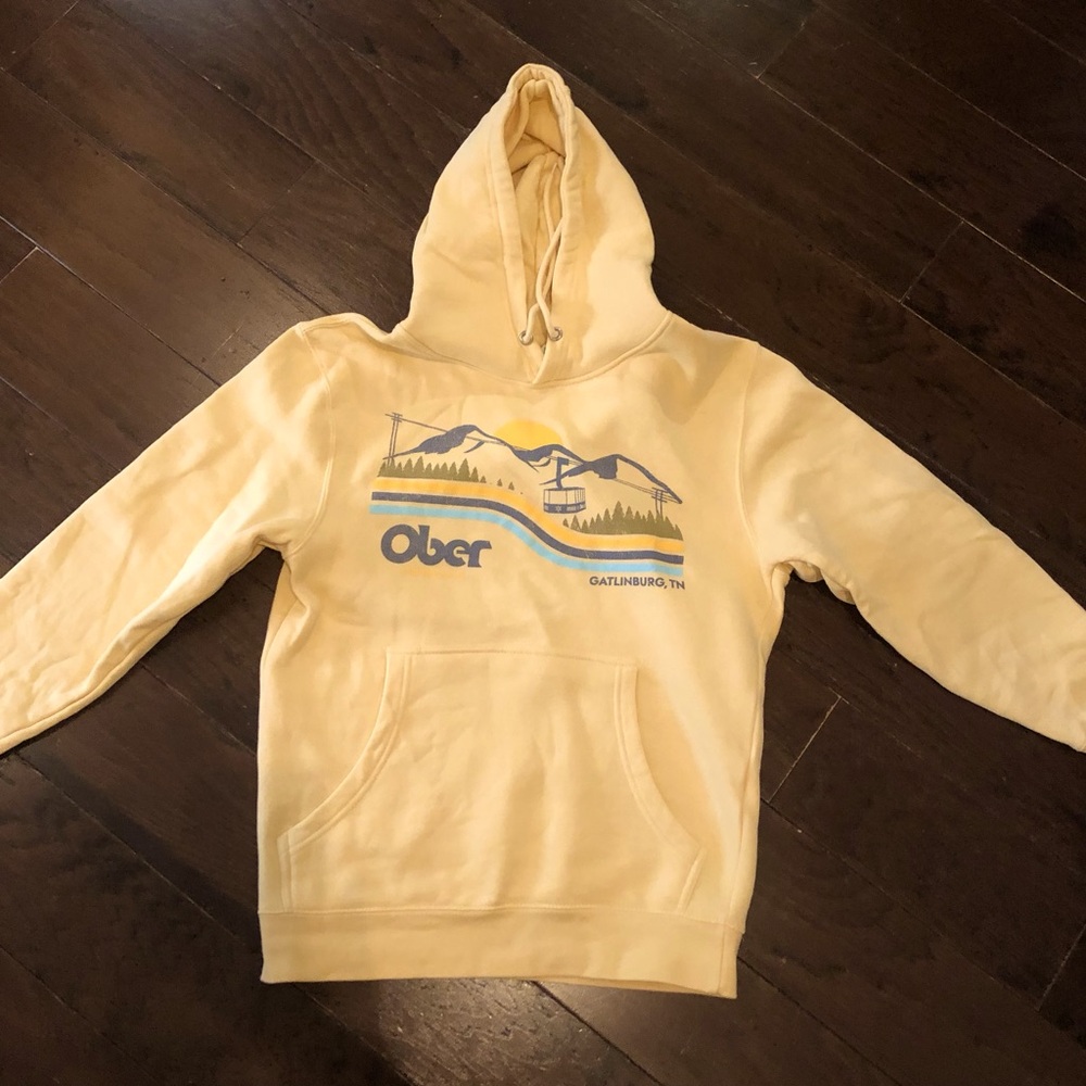Pale yellow Ober Gatlinburg hooded sweatshirt.